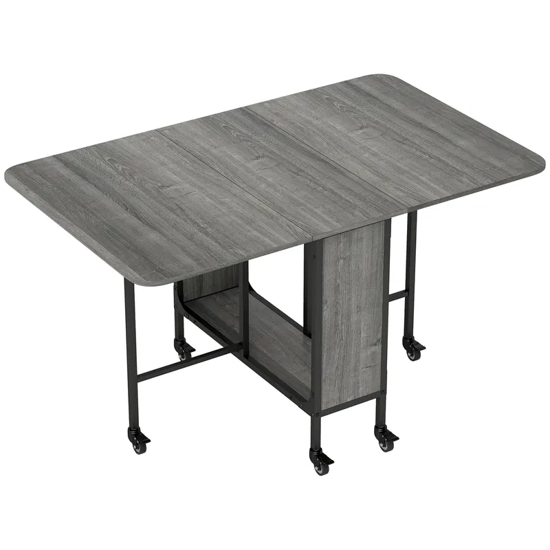 HOMCOM Masă Pliabilă, Rabatabilă pentru 4-6 Persoane cu Raft și 6 Roți, din Lemn și Metal, 130x80x74 cm, Gri | Romania
