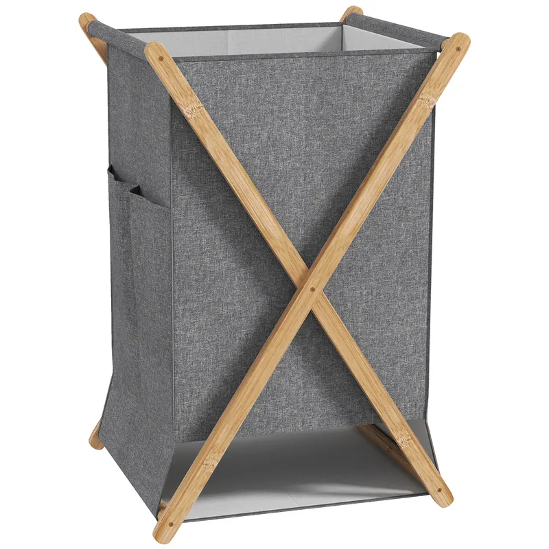 HOMCOM Coș Pliabil pentru Rufe 55L din Material Textil și Cadru din Bambus pentru Cameră și Spălătorie, 41x41x64 cm, Gri | Romania