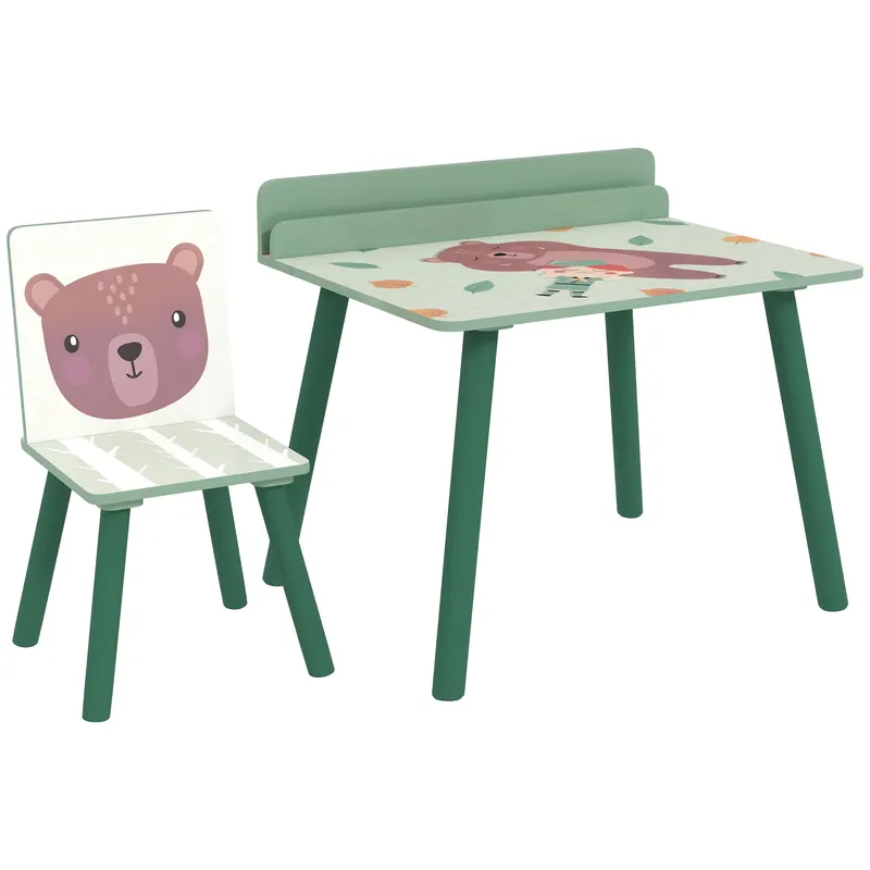 AIYAPLAY Birou Copii cu Raft pentru Depozitare din MDF și Lemn de Pin, cu Masă și Scaun, 60x48x53.5 cm, Verde | Romania