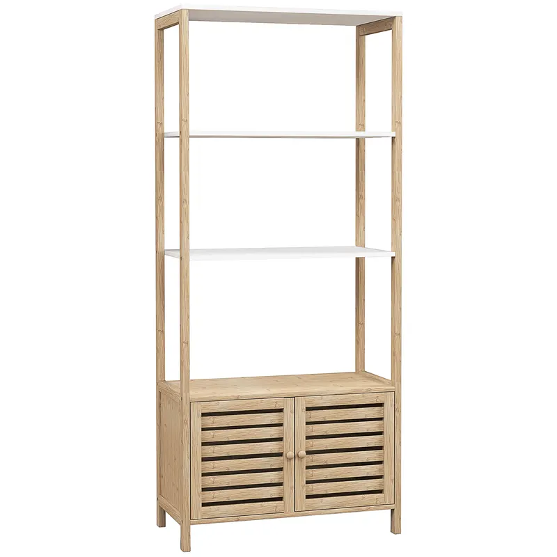 HOMCOM Mobilier Baie cu 3 Rafturi, mobilier de baie din Bambus, 63x30x138 cm, Alb | Romania