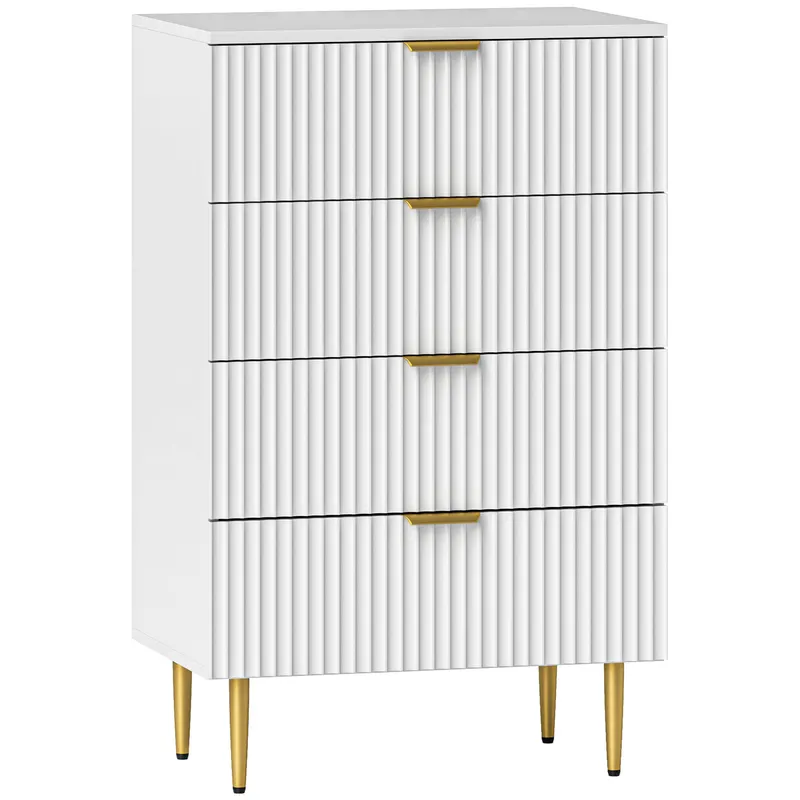 HOMCOM Comodă cu 4 Sertare din Lemn MDF, Comodă Modernă cu Mânere și Picioare Aurii, 60x40x96 cm, Alb | Romania