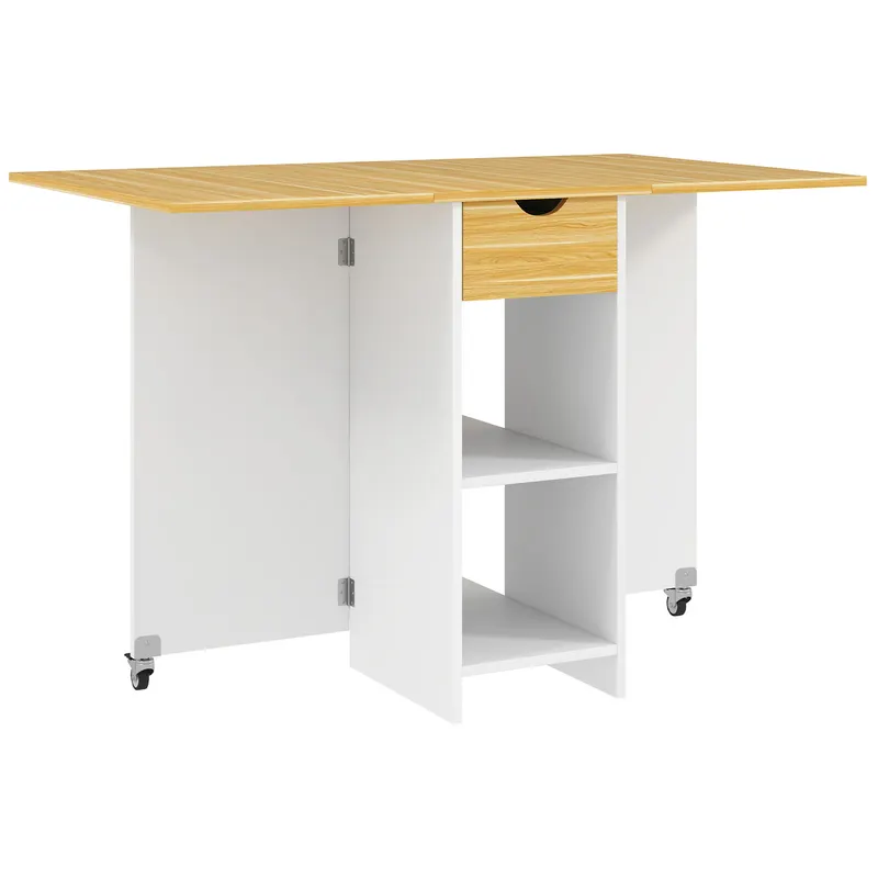 HOMCOM Masă Pliabilă, Masă Rabatabilă pentru 2-4 Persoane cu Sertar, 2 Rafturi și 2 Roți, 114,5x70x75 cm, Stejar | Romania