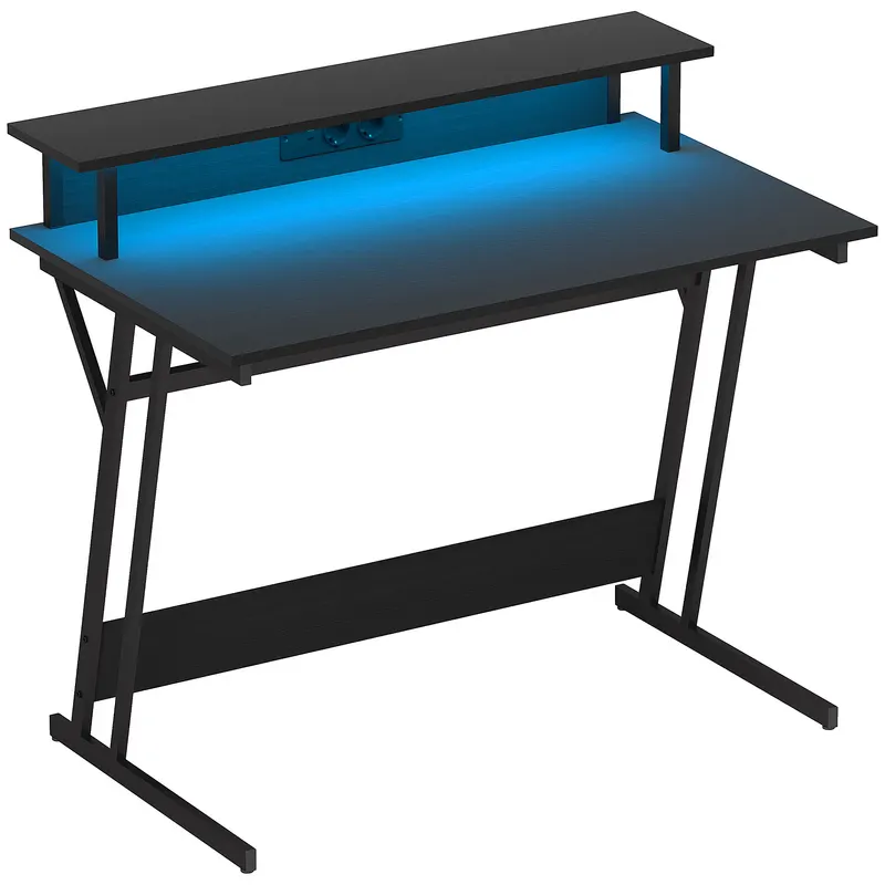 HOMCOM Birou de Gaming cu Lumini LED și Suport pentru Monitor, Masă Gaming cu Port USB și TYPE C, 100x60x88,5 cm, Negru | Romania