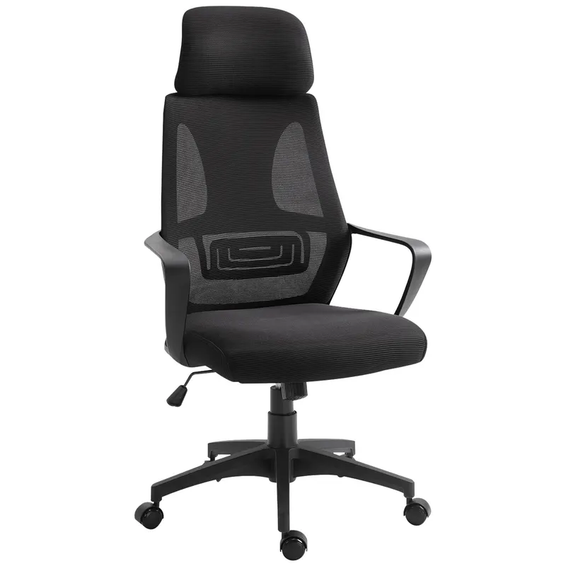 Vinsetto Scaun de Birou Ergonomic cu Brațe și Tetieră Reglabilă, Scaun Pivotant cu Suport Lombar, 64x55x116-126 cm, Negru | Romania