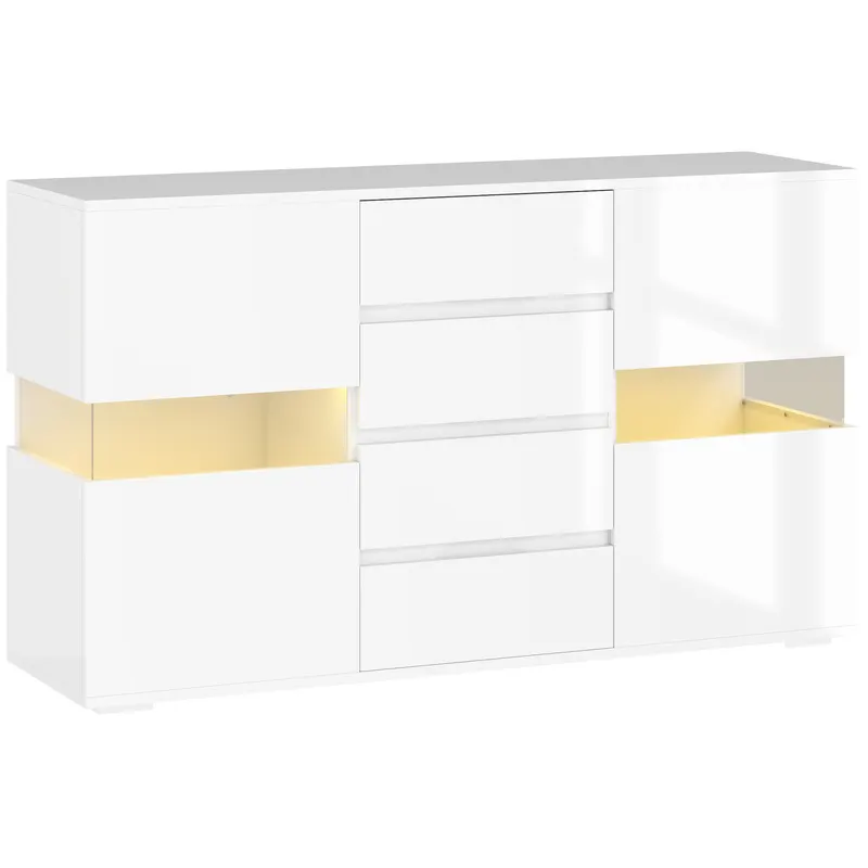 HOMCOM Bufet cu Lumini LED Reglabile prin Telecomandă, Mobilier de Sufragerie cu 4 Sertare și 2 Dulapuri, 120x34x70 cm, Alb | Romania