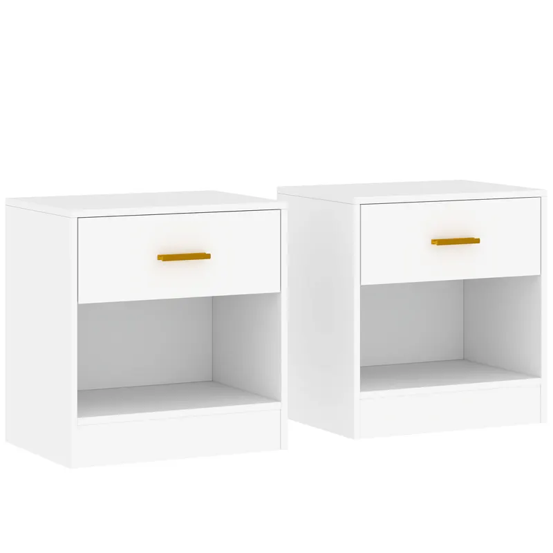 HOMCOM Set de 2 Noptiere Moderne cu Sertar și Raft Deschis din Pal Melaminat, 39x28x41 cm, Alb | Romania