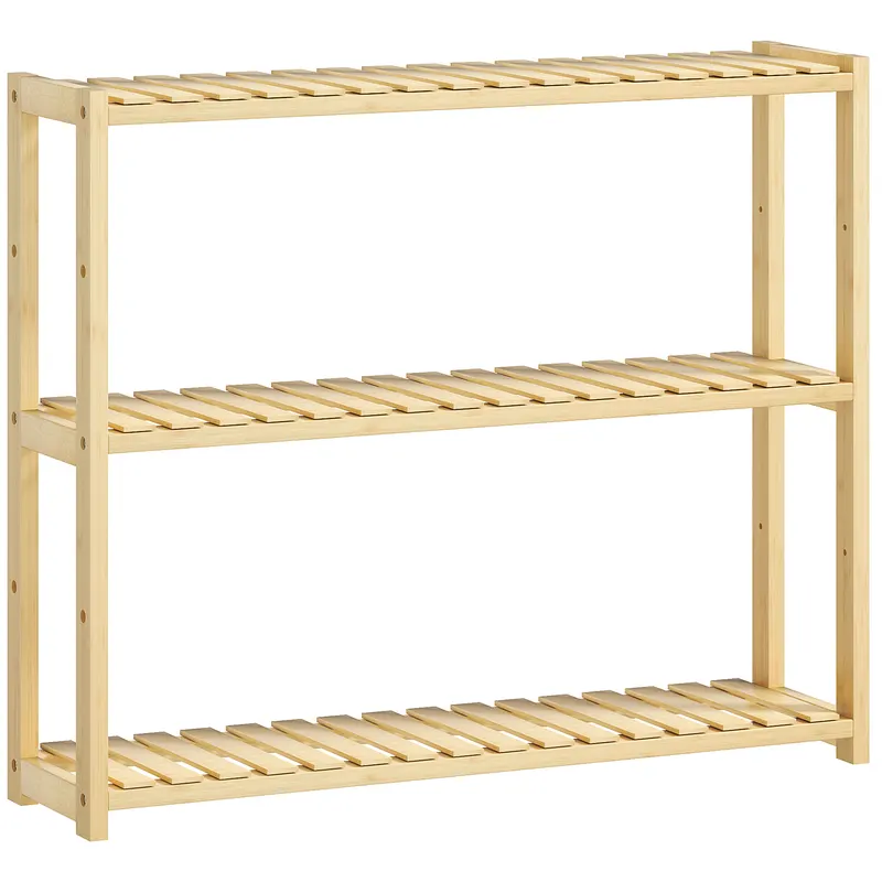 HOMCOM Etajeră de Baie cu 3 Rafturi Reglabile pe 5 Nivele, Dulap de Depozitare din Bambus, 60x15x50 cm, Lemn Natural | Romania
