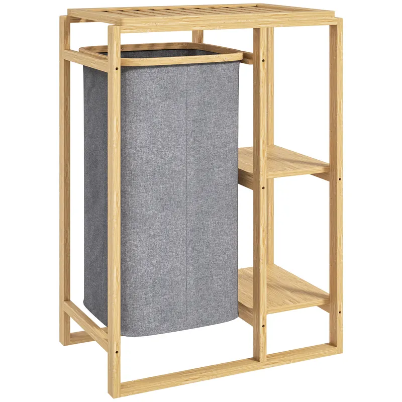 HOMCOM Coș Portabil pentru Rufe cu Sac Detașabil, Dulap Portabil pentru Rufe cu Rafturi din Bambus, 50x32x70 cm, Gri | Romania