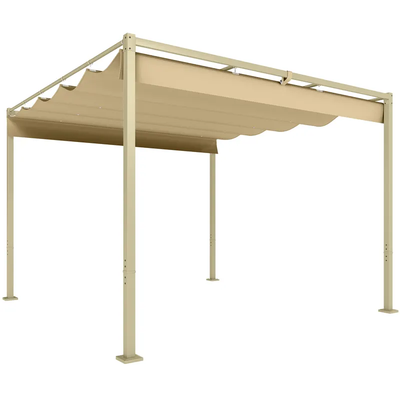 Outsunny Pergolă de Grădină cu Acoperiș Retractabil și Sistem de Prindere Magnetic, 298x297x221 cm, Kaki | Romania