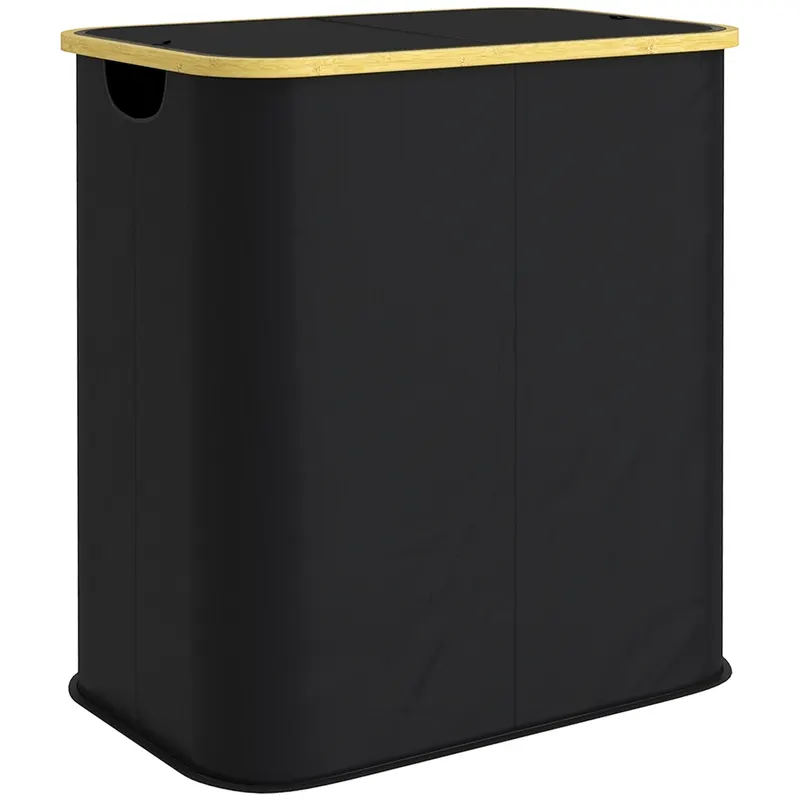 HOMCOM Coș pentru Rufe de 80L cu 2 Secțiuni și Capac din Material Textil și Bambus, 54x34x58,5 cm, Negru | Romania
