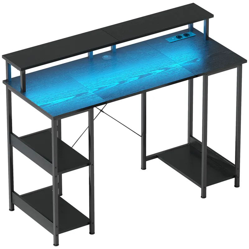 HOMCOM Birou Reversibil pentru Calculator cu Prize, Lumini LED, Suport Dublu și Rafturi Reglabile, 120x50x89,5 cm, Negru | Romania