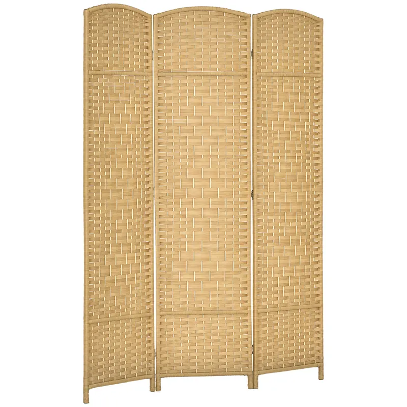 HOMCOM Paravan Interior Pliabil cu 3 Panouri Împletit din PP și Lemn de Pin, 135x1,7x180 cm, Lemn Natural | Romania