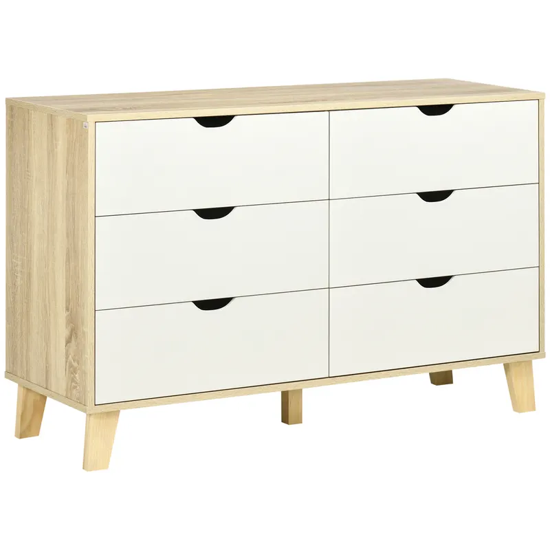 HOMCOM Comodă cu 6 Sertare, Mânere Sculptate și Picioare Trapezoidale, 120x40x76 cm, Lemn Natural | Romania