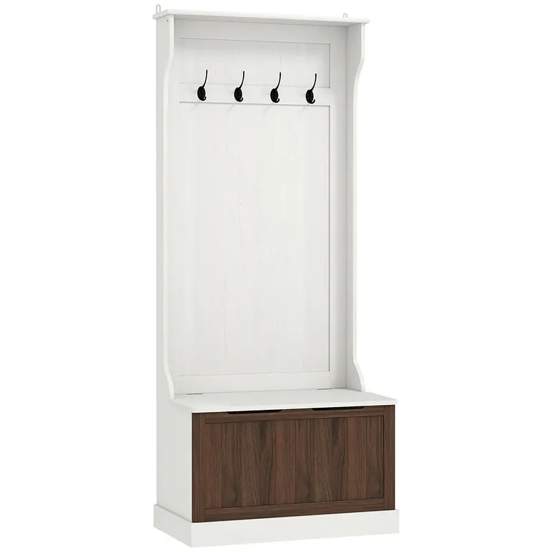 HOMCOM Cuier de Intrare 3 în 1 cu 4 Cârlige, Etajeră pentru Pantofi și Bancă Depozitare, 71,5x39,5x170 cm, Maro | Romania