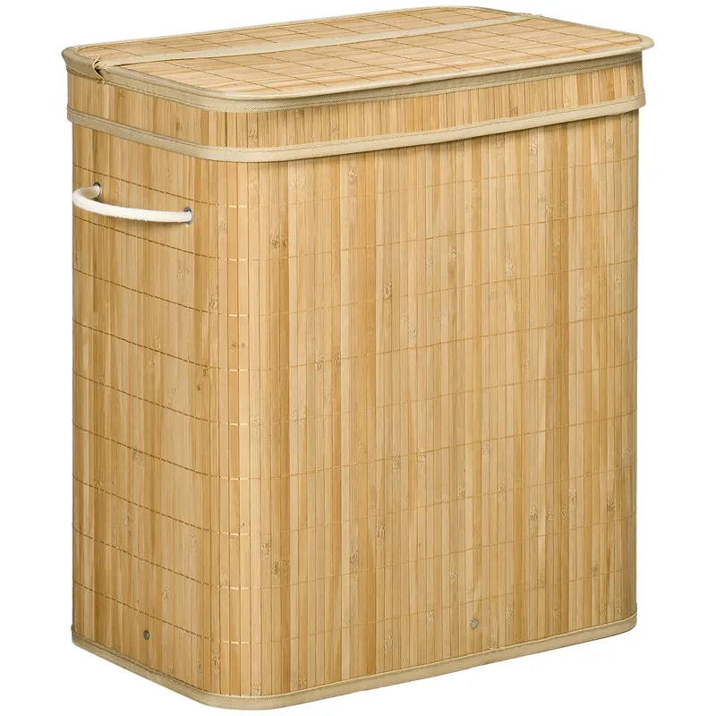 HOMCOM Coș Pliabil pentru Rufe cu 2 Compartimente, Capac Detașabil și Mânere, 54,2x35,2x59,5 cm, Natural | Romania