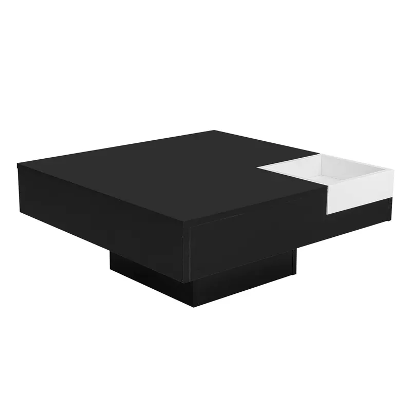 Măsuță de cafea lucioasă, măsuță de sufragerie cu cutie de depozitare detașabilă și efect de lumină LED, 72×72×30 cm, Negru
