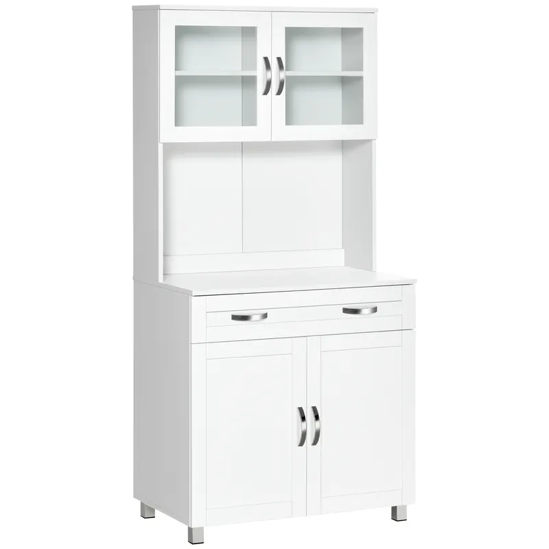 HOMCOM Bufet Înalt de Bucătărie cu Raft pentru Cuptor, Sertar, Uși de Sticlă și Rafturi Reglabile, 80x48x170 cm, Alb | Romania