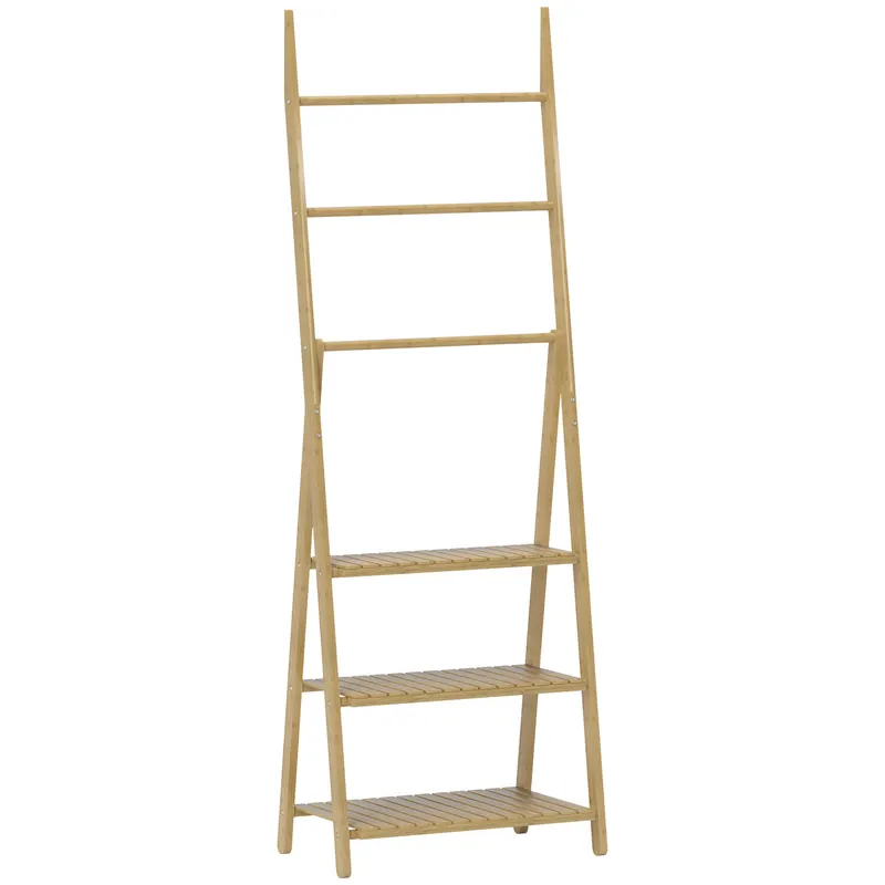 HOMCOM Raft Baie Pliabil pentru Prosoape cu 3 Rafturi și 3 Bare, 53,5x30x153 cm, Lemn Natural | Romania