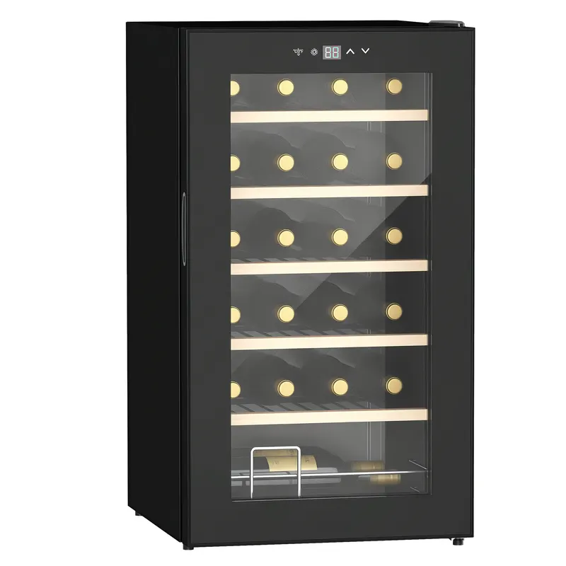 HOMCOM Frigider de Vinuri pentru 24 de Sticle de Sine Statator cu Usa de Sticla Frigider de 65 de litri cu o Singura Zona de Racire a Vinurilor cu Comenzi Digitale cu Ecran Tactil si Lumina LED Negru | Romania