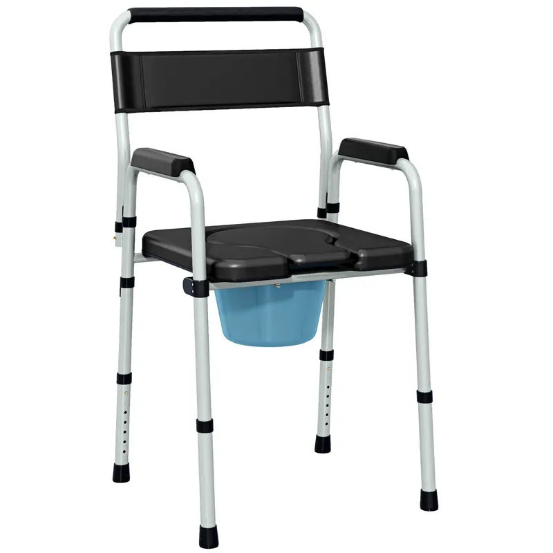 HOMCOM Scaun Toaletă Pliabil cu Găleată Detașabilă, Brațe și Spătar din Oțel și Piele PU, 52,5x46x81,5-97 cm, Negru | Romania