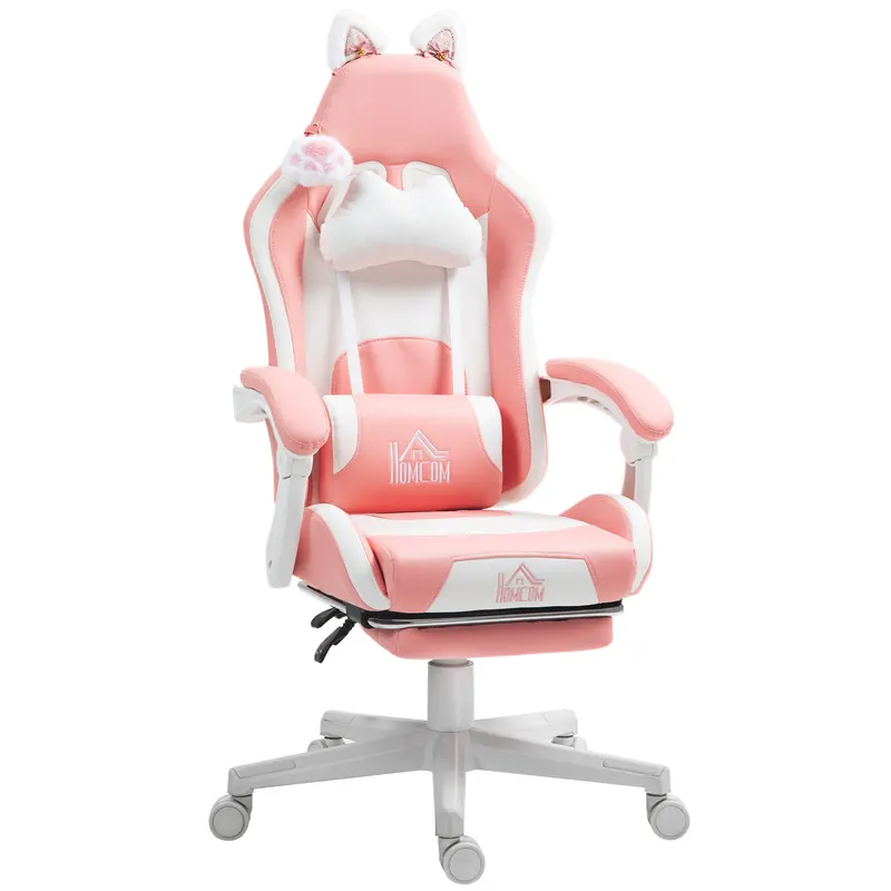 HOMCOM Scaun de Gaming Ergonomic cu Urechi de Pisică, Suport pentru Picioare și Suport Lombar, 65x62x116-124 cm, Roz | Romania