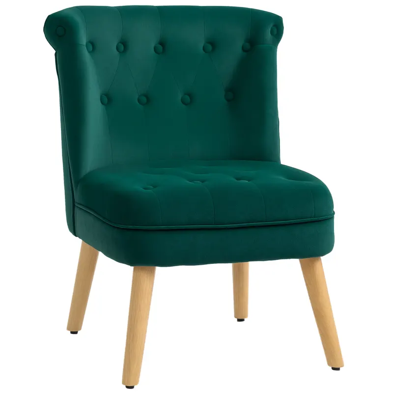 HOMCOM Fotoliu cu Șezut Căptușit, Picioare din Lemn și Material Efect de Catifea, 60x66x79 cm, Verde | Romania
