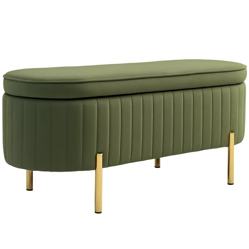 HOMCOM Băncuță Tapițată pentru Dormitor cu Capitonaj Canelat și Picioare Metalice, 108x44x43,5 cm, Verde | Romania