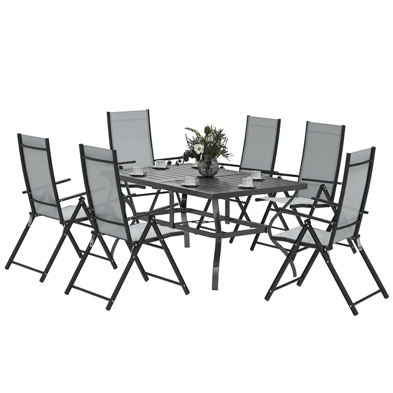 Outsunny Set pentru Grădină din 7 Piese, cu 6 Scaune Pliabile și Masă cu Orificiu pentru Umbrelă, 150x90x71 cm, Gri | Romania