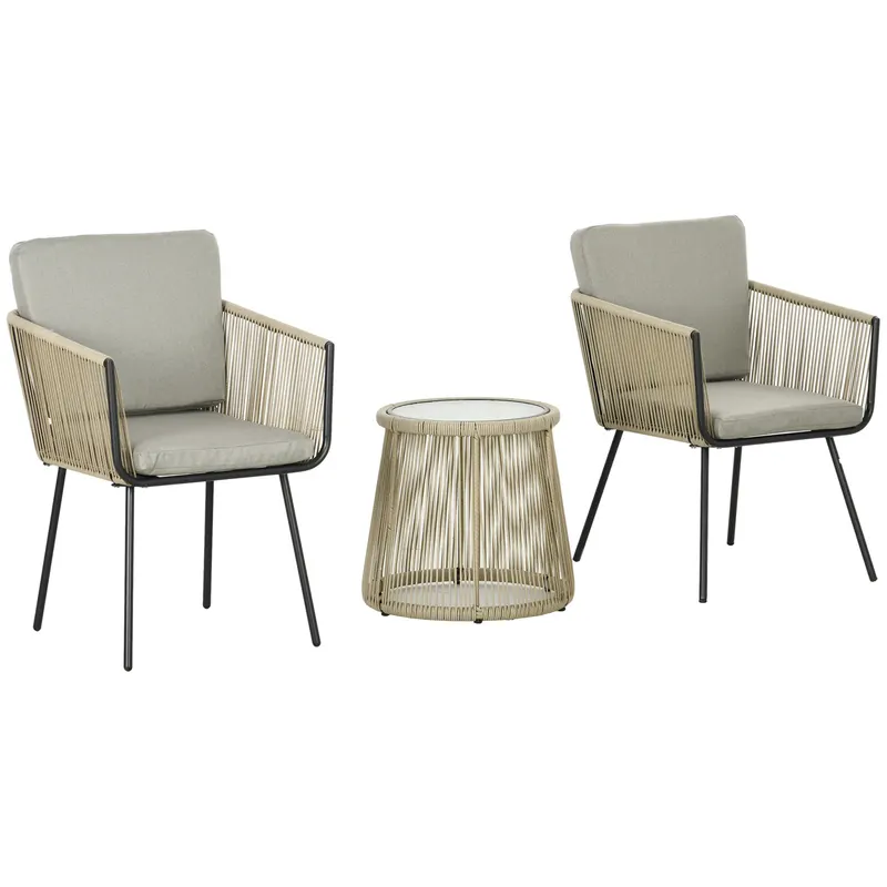 Outsunny Set mobilier de Grădină cu 2 Scaune și Măsuță de Cafea cu Blat din Sticlă, Ø49x47 cm, Maro | Romania