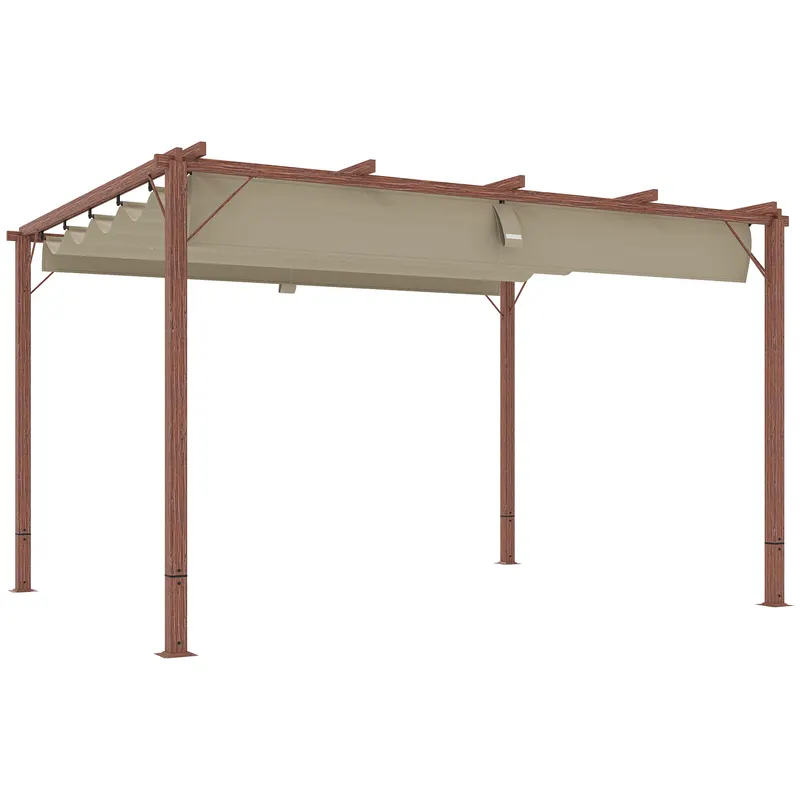 Outsunny Pergolă de Grădină cu Acoperiș Retractabil și Cadru din Aluminiu cu Aspect de Lemn, 382x300x232 cm, Lemn Natural | Romania