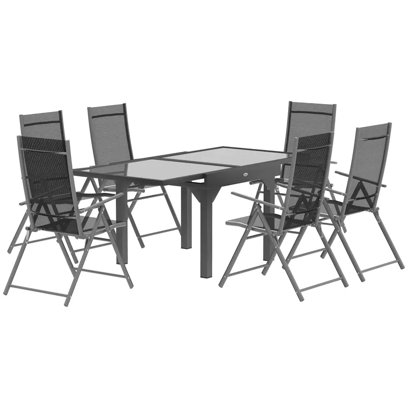 Outsunny Set Mobilier de Grădină din 7 Piese cu Masă Extensibilă și 6 Scaune Pliabile cu Cotiere, 180/90x90x75 cm, Gri | Romania