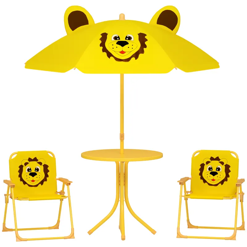 AIYAPLAY Mobilier de grădină pentru copii cu umbrelă de soare reglabilă, Set de picnic pentru copii cu 4 piese, Masă cu 2 scaune pliante, masă, Set de terasă cu model de leu pentru vârstele 2-5 ani, Galben | Romania