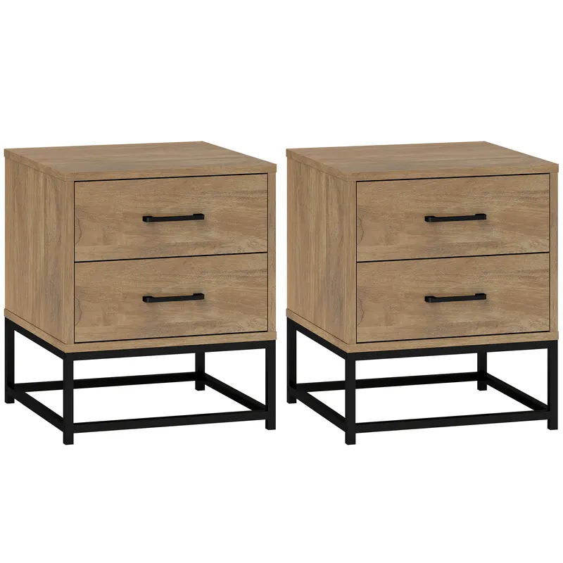 HOMCOM Set de 2 Noptiere cu 2 Sertare din Lemn și Oțel, 40x39.5x48 cm, Lemn Natural | Romania