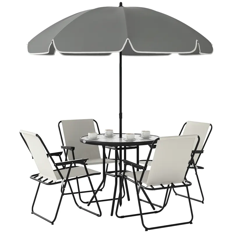 Outsunny Set de Mobilier de Grădină din 6 Piese cu Umbrelă de Soare, Masă și Scaune Pliante, Ф80x70 cm, Alb Crem | Romania