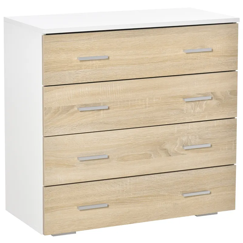 HOMCOM Comodă cu 4 Sertare, Mânere din Aluminiu și Structură din Lemn, 76x35x72cm, Alb și Stejar | Romania