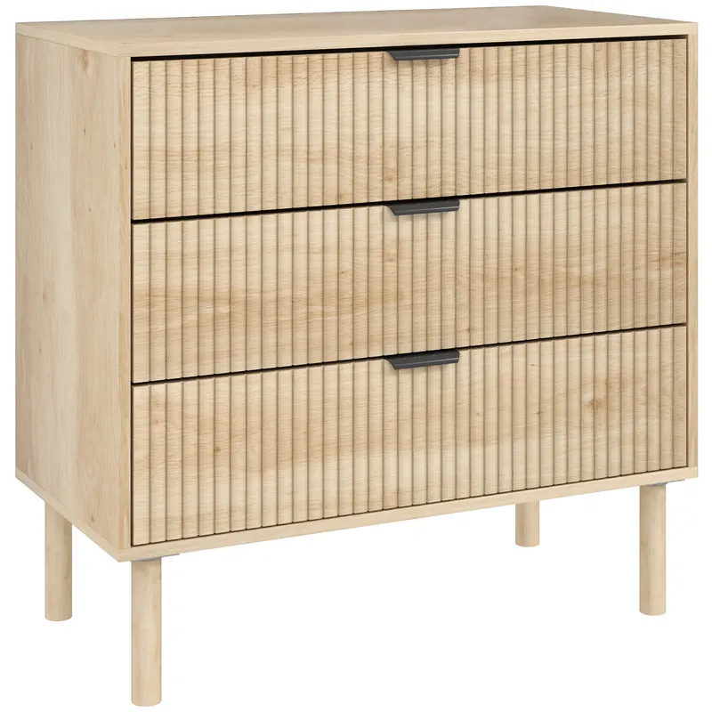 HOMCOM Comodă cu 3 Sertare, Picioare din Lemn Masiv și Design Canelat, 80x40x77,5 cm, Lemn Natural | Romania