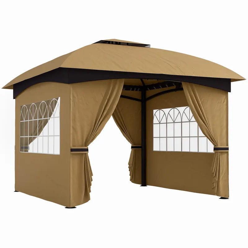 Outsunny Pavilion de Grădină cu Copertină, Perdele, Ferestre și Acoperiș Ventilat, 335x335x285 cm, Bej | Romania