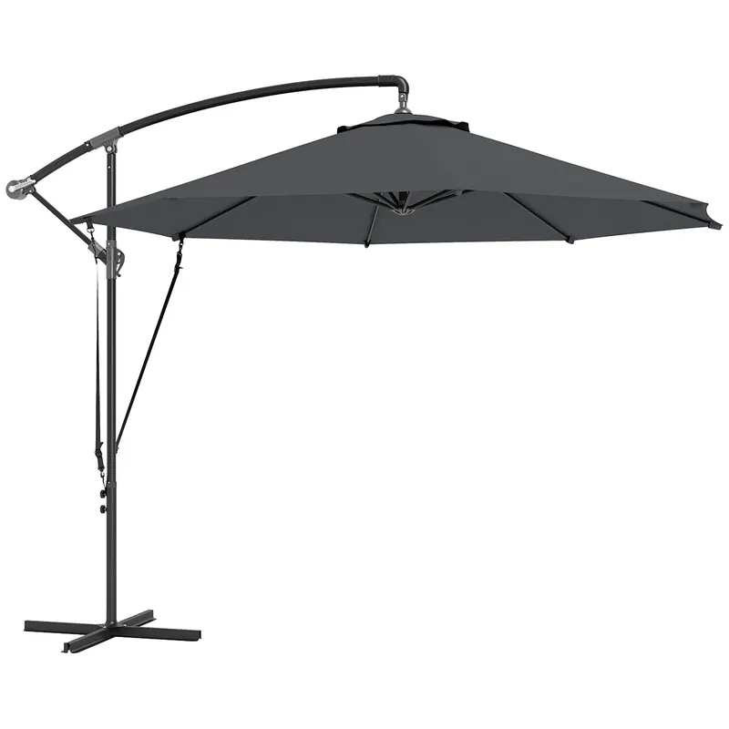 Outsunny Umbrelă de Soare cu Corzi Anti-Vânt, Orificii de Aerisire, Bază în Cruce și Manivelă, Φ290x243 cm, Gri | Romania