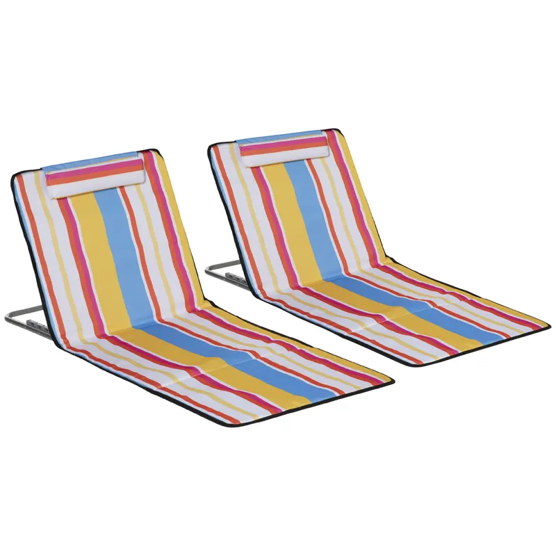 Outsunny Set 2 Șezlonguri de Plajă cu Spătar Reglabil pe 5 Niveluri, Tetieră și Geantă de Transport, 124x53x35-45 cm, Multicolor | Romania