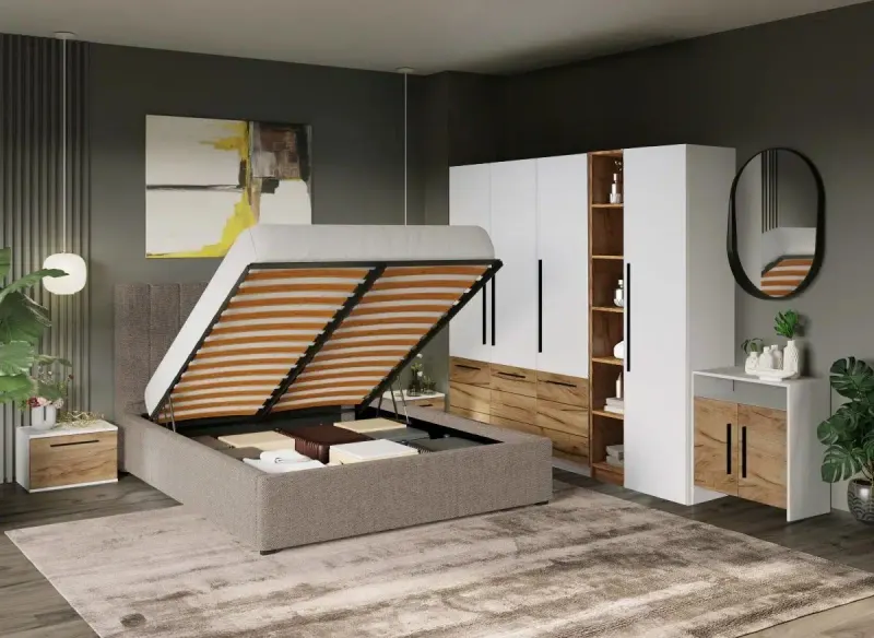 Set Mobila Dormitor Timea T3 cu Pat Tapitat