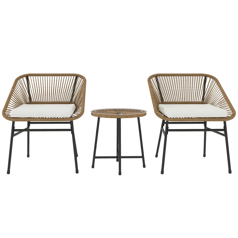 Outsunny Set Bistro din 3 Piese cu Măsuță de Cafea cu Blat de Sticlă și 2 Scaune, Φ45x46 cm, Natural | Romania