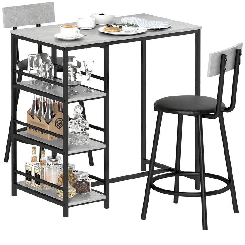 HOMCOM Set Masă de Bar cu 3 Rafturi și 2 Scaune cu Spătar, 90x50x90.5 cm, Gri Deschis | Romania