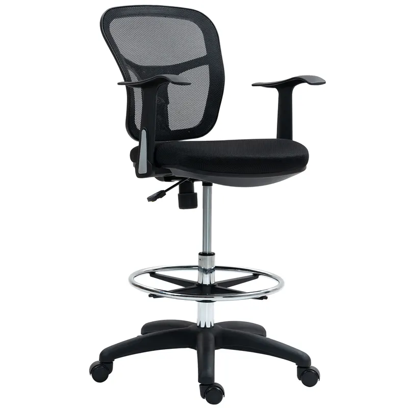 HOMCOM Scaun de Birou Rotativ cu Inel pentru Sprijinirea Picioarelor și Spătar Curbat, 55x58x94 cm, Negru | Romania