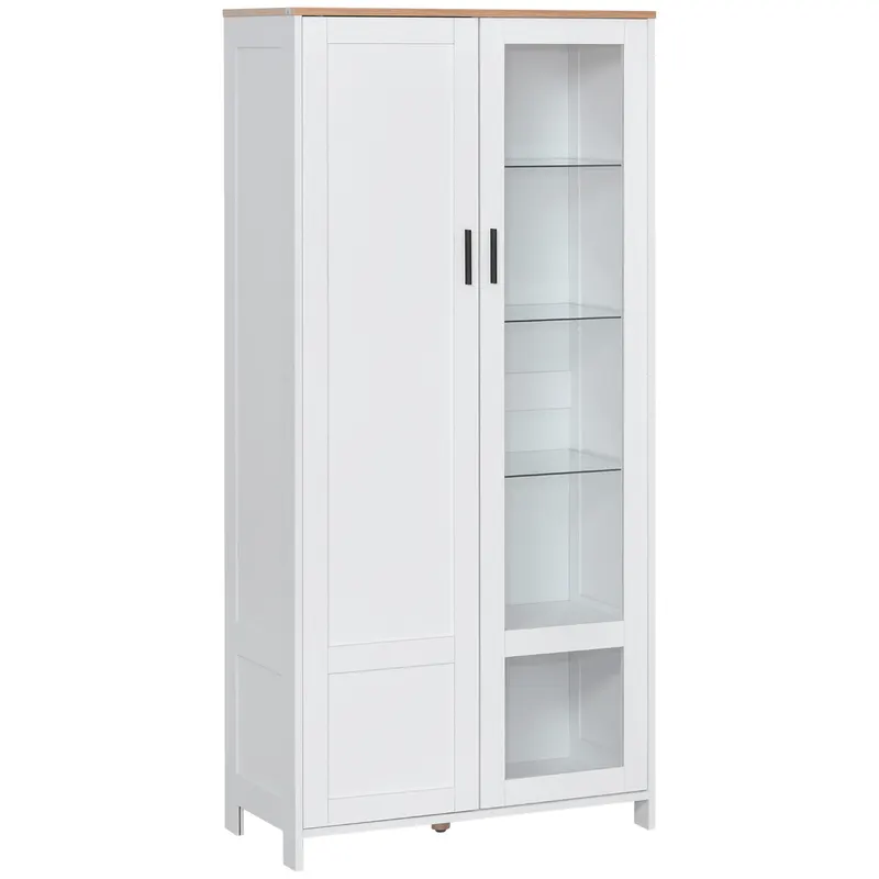 HOMCOM Bufet Modern 2 Uși 7 Rafturi Design Anti-Răsturnare Lemn Sticlă 76x36x160cm Alb | Romania
