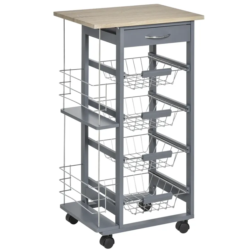 HOMCOM Cărucior de Bucătărie Gri Închis, 1 Sertar, 4 Coșuri Metalice, 2 Etajere, MDF, Lemn de Pin, Metal, 47x37x83cm | Romania