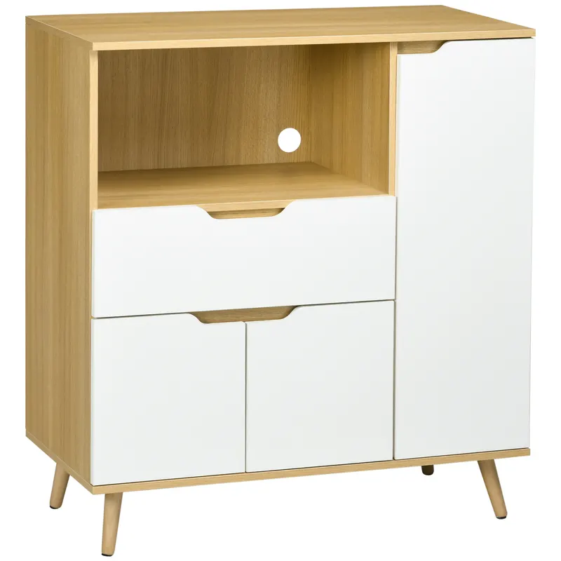 HOMCOM Dulap Multifuncțional pentru Cuptor cu Microunde, PAL, Raft Deschis, 2 Dulapuri, Sertar, 90x40x98.5cm, Alb și Lemn | Romania