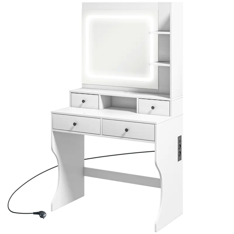 HOMCOM Masă de Toaletă cu Oglindă Iluminată LED, Masă de Machiaj cu Stație de Încărcare, 4 sertare și rafturi de depozitare, 90x45x160 cm, Alb