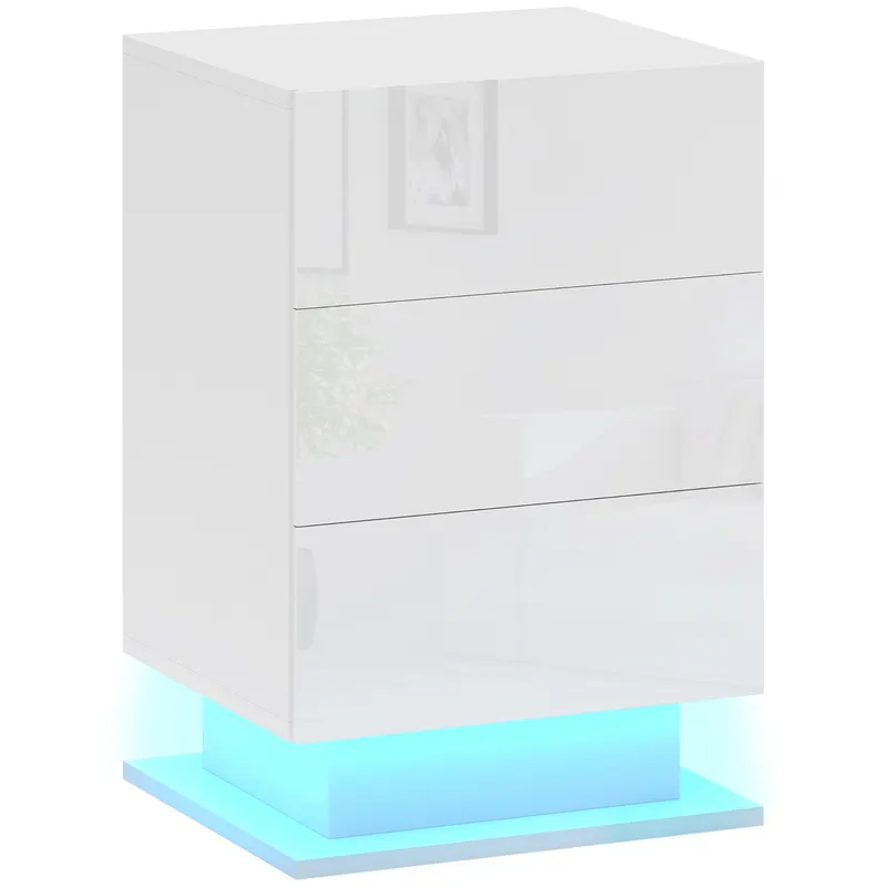 HOMCOM Noptieră cu Lumini LED Reglabile, 3 Sertare și Telecomandă, 40x35x60 cm, Alb | Romania