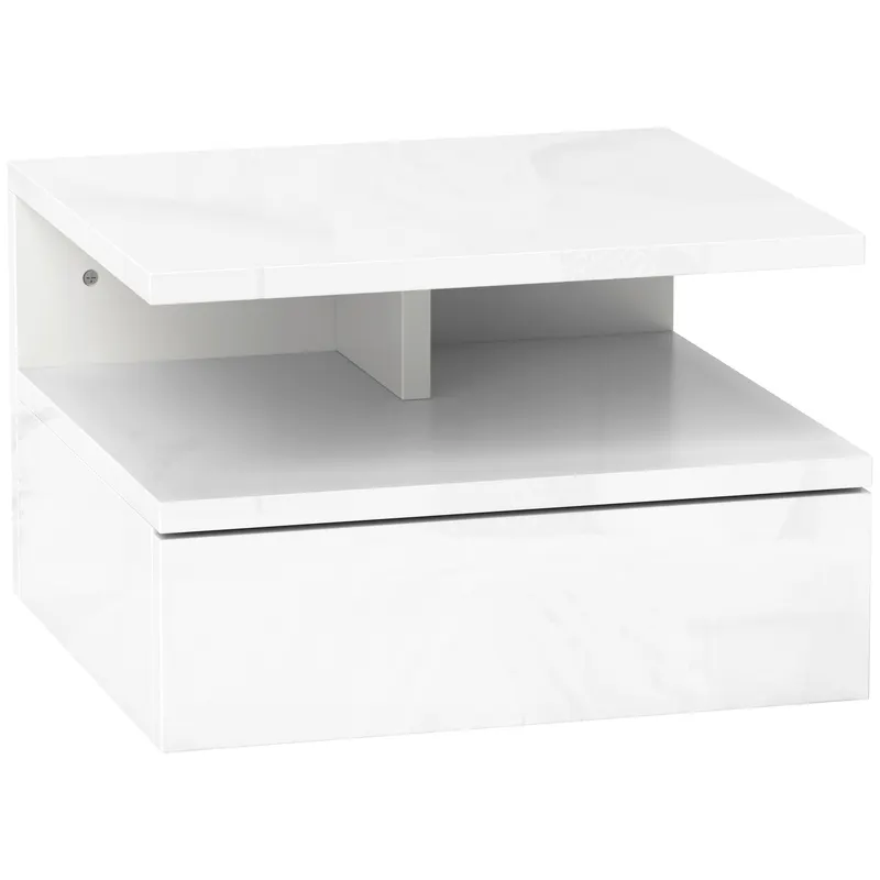 HOMCOM Set de 2 Noptiere Suspendate cu Sertar și Raft Superior din Lemn, 35x32x22.5 cm, Alb Lucios | Romania