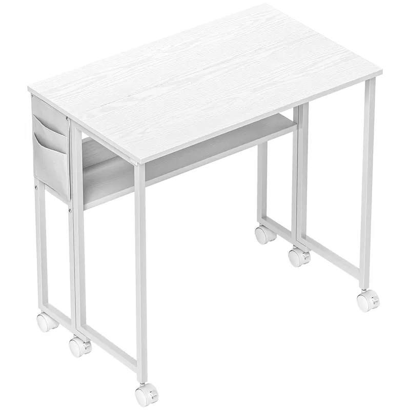 HOMCOM Birou pliabil 80cm, raft, roți, alb | Romania